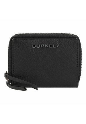 Zwarte leren portemonnee van Burkely, met een ritssluiting, gestructureerd oppervlak en een logo op de voorkant. Compact rechthoekig ontwerp met een band.