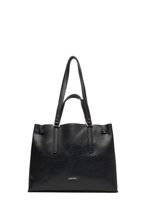 Schwarze, strukturierte Ledertasche mit zwei langen und zwei kurzen Griffen, silberner Hardware und LASOCKI-Logo auf der Vorderseite.