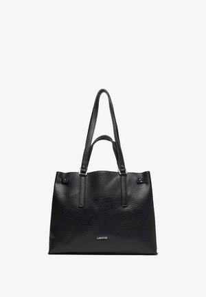 Schwarze, strukturierte Ledertasche mit zwei langen und zwei kurzen Griffen, silberner Hardware und LASOCKI-Logo auf der Vorderseite.