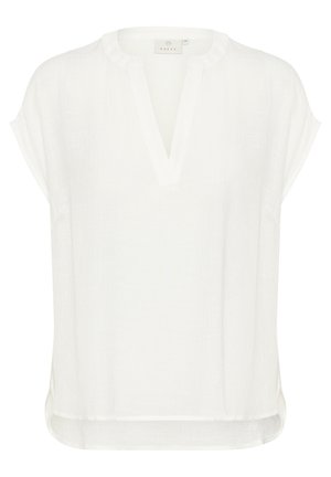 Bílá blůza s krátkým rukávem vyrobená z lehké látky, s výstřihem do V a uvolněným střihem s mírně zakřiveným spodním okrajem.