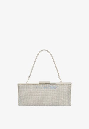 Geantă de mână cu o formă rectangulară, acoperită cu strasuri argintii, având o curea din lanț și un închizător din metal.