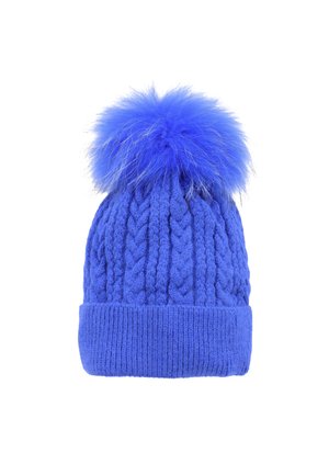 Berretto di lana blu con motivo a trecce, caratterizzato da un soffice pon-pon blu sulla parte superiore e un bordo a coste.