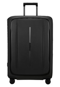 Black hard-shell suitcase with a sleek design, vertical textured lines, a retractable handle, and four smooth-rolling wheels.