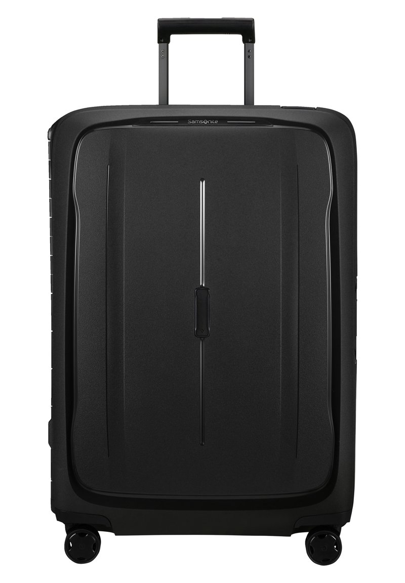 Black hard-shell suitcase with a sleek design, vertical textured lines, a retractable handle, and four smooth-rolling wheels.