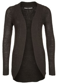 Offene Strickjacke aus einem dunkelbraunen Strickstoff. Sie hat lange Ärmel, einen lässigen Schnitt und ein strukturiertes Maschenmuster.