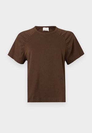 Brown short-sleeve t-shirt with a round neckline and gathered detailing on sleeves. Features a subtle embossed logo on the lower front.