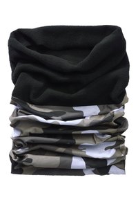 Fleeces kakla gaiters ar melnu augšējo daļu un apakšējo daļu ar kamuflāžas rakstu zaļos, pelēkos un baltos toņos. Mīksta, teksturēta auduma.