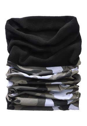 Gaiter collo in pile con una parte superiore nera e una parte inferiore a motivo camouflage in tonalità di verde, grigio e bianco. Tessuto morbido e testurizzato.