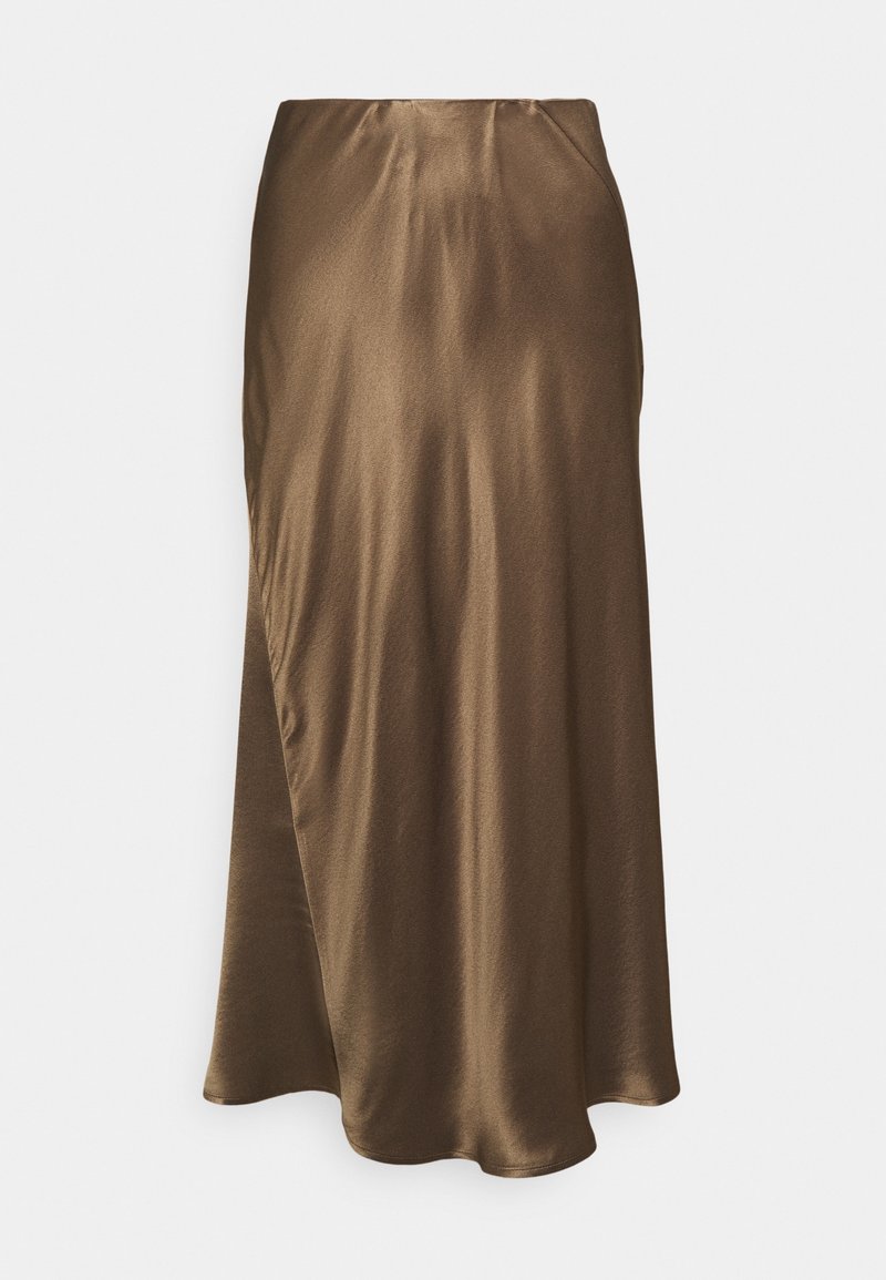 Brun satin midi kjol med en slät yta, som har en asymmetrisk omslagsdesign och en subtil lyster. Inga synliga detaljer.