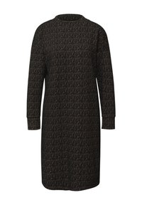 Sukienka dzianinowa w ciemnych odcieniach z teksturowanym wzorem, wysokim dekoltem, długimi rękawami i luźnym krojem, sięgająca do połowy uda.