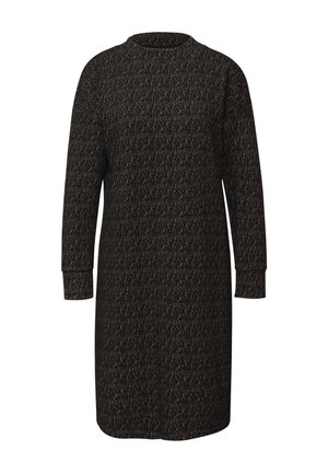 Sukienka dzianinowa w ciemnych odcieniach z teksturowanym wzorem, wysokim dekoltem, długimi rękawami i luźnym krojem, sięgająca do połowy uda.