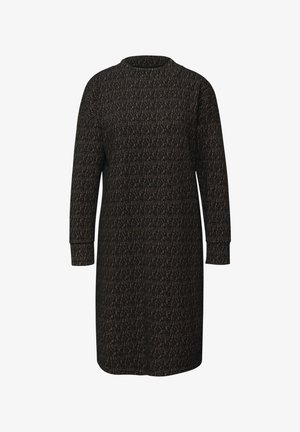 Sukienka dzianinowa w ciemnych odcieniach z teksturowanym wzorem, wysokim dekoltem, długimi rękawami i luźnym krojem, sięgająca do połowy uda.