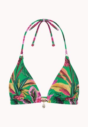 Haut de bikini triangle avec imprimé de feuilles tropicales vertes, roses et jaunes, doté de liens noués autour du cou et d'un petit pendentif feuille en or au centre devant.
