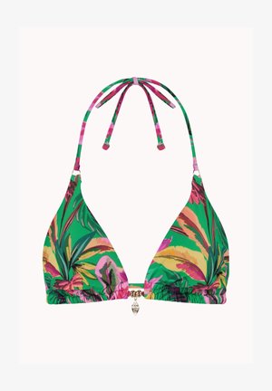 Top de bikini triangular con estampado de hojas tropicales en verde, rosa y amarillo, con lazos halter en el cuello y un pequeño charm dorado en forma de hoja en el centro delantero.