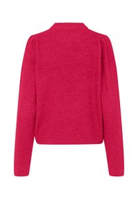 Fuchsia sweater med lange ærmer, rund hals og let puffede skuldre. Blødt materiale med ribbet kant og manchetter.