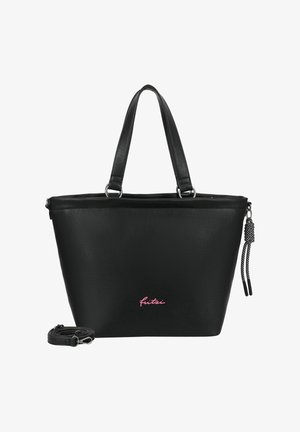 Sac cabas synthétique noir au design épuré, avec un dessus arrondi, deux poignées et une bandoulière amovible. Présente un logo rose et un pompon décoratif.