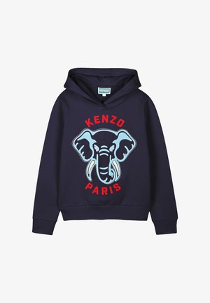 Marineblauwe hoodie met een groot geborduurd olifantenontwerp in lichtblauw, met "KENZO" en "PARIJS" in rode tekst. Zachte stoftextuur.