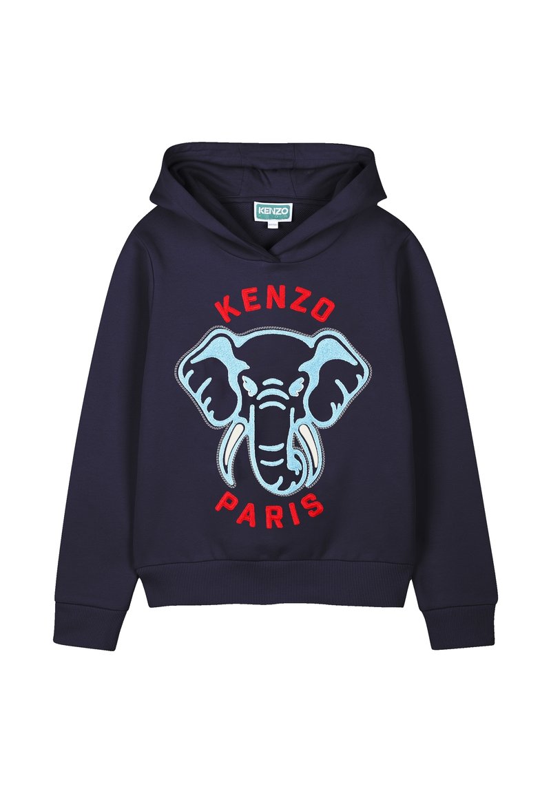 Sweat à capuche bleu marine avec un grand design d'éléphant brodé en bleu clair, portant les inscriptions "KENZO" et "PARIS" en rouge. Texture de tissu douce.