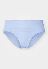 Chiloți de bikini de culoare albastră deschisă, din material elastic, cu un design la mijlocul taliei, textură netedă și acoperire standard, fără modele sau embellishments vizibile.