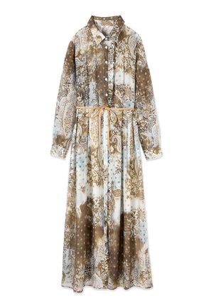 Abito camicia a maniche lunghe con motivi floreali e paisley marroni e blu, chiusura con bottoni sul davanti, colletto e cintura beige con coulisse in vita.