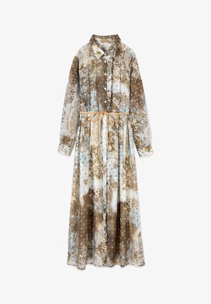 Skjortekjole med lange ærmer med brune og blå blomster- og paisleymønstre, knaplukning foran, krave og beige snøre i taljen.