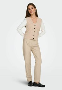 Gilet lavorato a maglia beige con scollatura a V, bottoni neri, indossato sopra una camicia bianca a maniche lunghe, abbinato a pantaloni beige e mocassini neri.