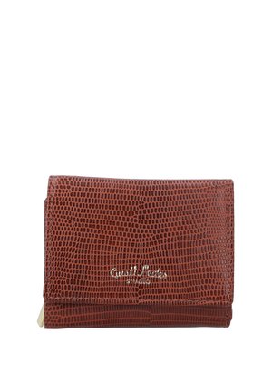 Brun tekstureret læderpung med klap og gyldent logo på forsiden mod en hvid baggrund.