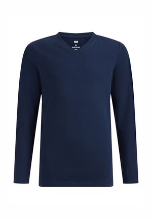 Navyblå långärmad t-shirt med v-ringning, tillverkad av mjukt bomullstyg, med en normal passform och utan synliga mönster eller detaljer.