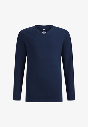 Maglietta a maniche lunghe blu navy con scollo a V, realizzata in tessuto di cotone liscio, con vestibilità regolare e senza motivi o accenti visibili.