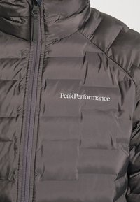 Giacca a vento grigia con un design trapuntato, colletto rialzato, chiusura con zip e logo PeakPerformance sul davanti. Materiale morbido e resistente all'acqua.