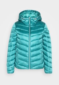 Manteau rembourré en teal avec capuche, présentant un design matelassé, une fermeture éclair à l'avant et des poches latérales. Fabriqué en matériau léger et brillant.