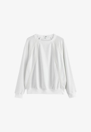Weißes Sweatshirt mit langen Ärmeln, gerippten Bündchen, strukturierten Raglanärmeln und Paneeldetails vorne und am Halsausschnitt.