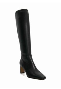 Black knee-high leather boots with a square toe and block heel, featuring smooth texture and a fitted design.