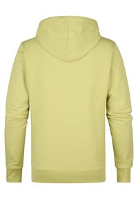 Lichtgeel hoodie met lange mouwen, ribbelmanchetten en een ribbelzoom. Glad oppervlak met een eenvoudig, minimalistisch ontwerp.