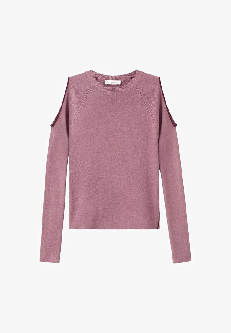 Mavčni pulover z dolgimi rokavi in odrezanimi rameni ter okroglim izrezom.