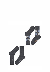 Chaussettes grises présentant deux motifs : l'une unie avec un petit logo, l'autre avec un motif argyle bleu et blanc. Matériau en mélange de coton.