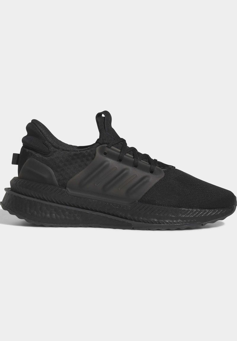 Schwarze Sportschuhe mit einem atmungsaktiven Mesh-Obermaterial, strukturierten Akzenten, einer dicken Gummisohle und einer gepolsterten Ferse für Unterstützung.