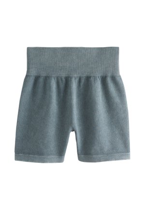 Ribbede, lyseblå shorts med bred elastisk talje og afslappet pasform. Har en glat tekstur med jævne sømme over det hele.