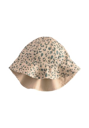 Beige bøllehat med bred skyggekant og sort uregelmæssigt leopardmønster.