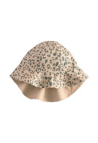 Chapeau seau en coton beige avec imprimé léopard vert, large bord et tissu texturé. Conçu avec une couronne arrondie et des détails cousus.