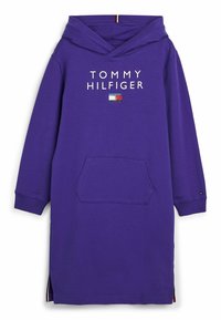 Fialové šaty s kapucí vyrobené z bavlněné směsi, s přední kapsou, bočními rozparky a vyraženým textem "TOMMY HILFIGER" spolu s logem.