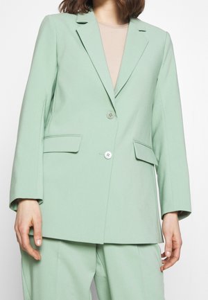 Kvinde iført en mintgrøn skræddersyet blazer med to knapper lukket og matchende vidde bukser, beige top under.