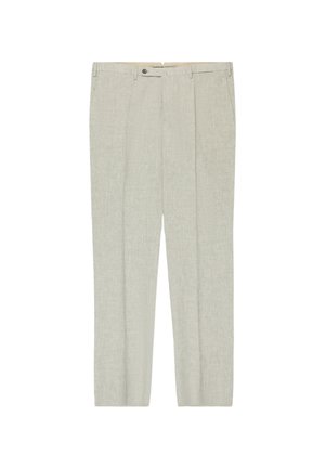 Hellgraue Leinenhose mit Gürtelschlaufen, vorderer Knopf- und Reißverschluss, Seitentaschen und geradem Bein.