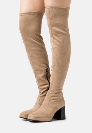 Beige Überknie-Stiefel aus weichem Wildleder, mit einem seitlichen Reißverschluss, einem klobigen schwarzen Absatz und einem eleganten, figurschmeichelnden Design.