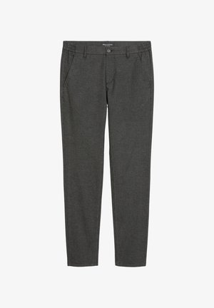 Sötétszürke, slim-fit nadrág, kis textúrázott mintával, elülső zsebekkel, övhurkokkal és gombos záródással a deréknál.