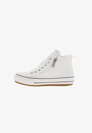 Baskets montantes blanches avec laçage à l'avant, fermeture éclair latérale, semelle épaisse rayée et semelle extérieure marron texturée, vues de profil.