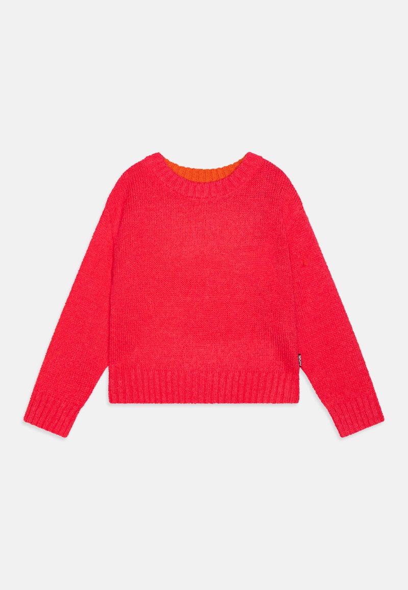 Pull en tricot rouge avec des poignets et un ourlet côtelés, présentant un col intérieur orange. Design court et boxy avec des manches longues. Texture douce.