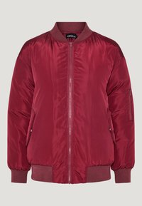 Burgundy bomber jacket with a zip front, ribbed cuffs, and collar. Features side pockets and a small sleeve pocket for accessories.