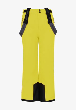Pantalon de ski jaune vif avec bretelles noires réglables, accents noirs en bas, deux poches latérales et deux fermetures à bouton à la taille.