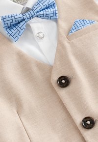 Bež sako s tankim prugama i tamnim gumbima, bijela košulja, plava mašna s uzorkom i odgovarajući džepni rupčić.